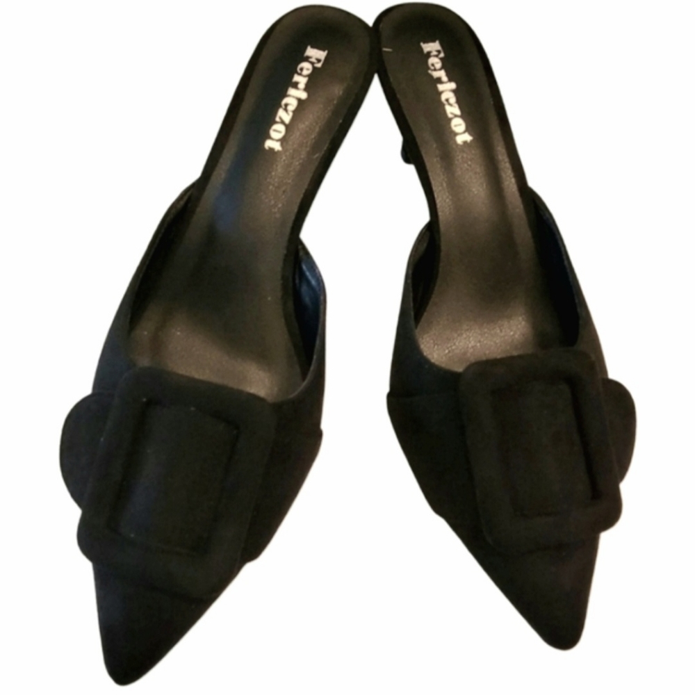 Ferlezot Black Pointed Mule Heels with Decorative Buckle